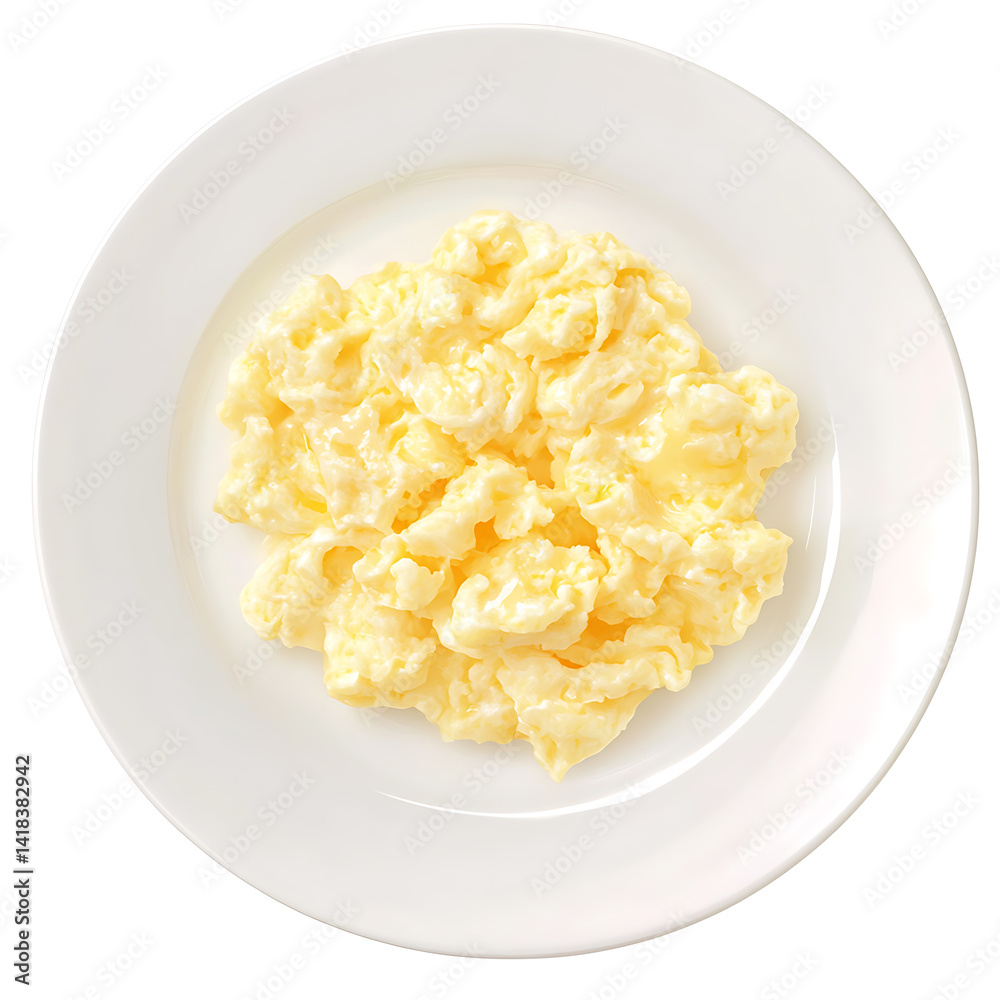 Fluffy scrambled eggs with visible curds and buttery sheen, isolated white background, photorealistic illustration style Fluffy scrambled eggs with visible curds and buttery sheen, isolated white background, photorealistic illustration style