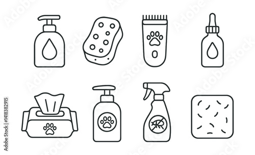 Line style icons of pet hygiene: soap bottle, sponge, fur clipper, ear cleaner, pet wipes, shampoo pump, anti-flea spray, grooming mat.