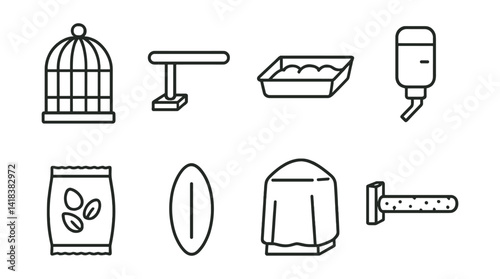 Line style icons of bird care: bird cage, perch, feeding tray, water bottle, seed mix, cuttlebone, cage cover, grooming perch.