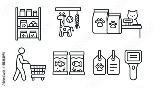 Line style icons of pet store items: product shelf, toy aisle, food bags, checkout counter, customer with cart, fish tanks, display tags, price scanner.