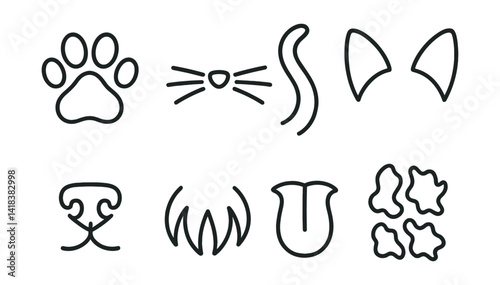 Line style icons of animal features: paw print, whiskers, tail, ears, nose, claws, tongue, fur pattern.
