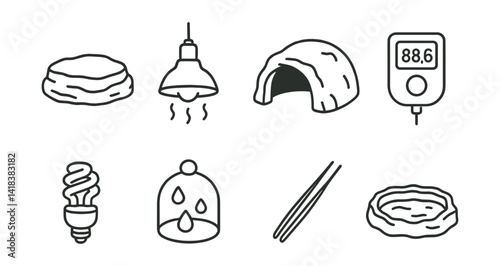 Line style icons of reptile habitat: basking rock, heating lamp, hiding cave, digital thermometer, UVB bulb, humidity dome, feeding tweezers, water dish.