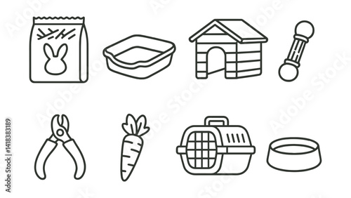Line style icons of rabbit essentials: hay bag, litter tray, wooden house, nibble toy, nail clipper, veggie snack, carrier, water bowl.