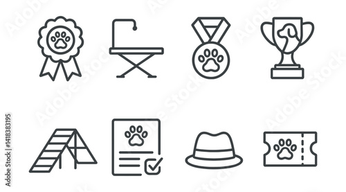 Line style icons of pet competitions: pet show ribbon, grooming table, obedience medal, breed trophy, agility ramp, scorecard, judge hat, event ticket.