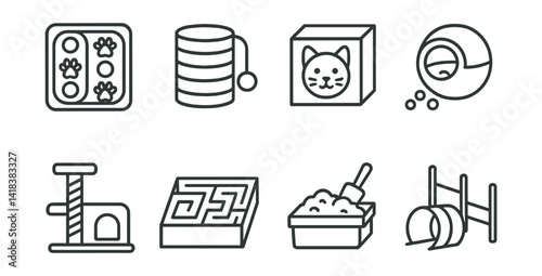Line style icons of pet enrichment: puzzle game, interactive toy, hide and seek, treat dispenser, climbing area, maze setup, digging box, obstacle course.