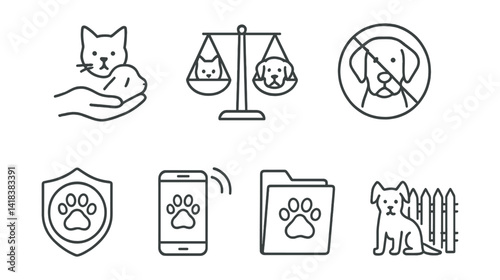 Line style icons of animal protection: animal rights icon, court balance, cruelty ban, safety cage, protection stamp, hotline number, rescue file, fenced yard.