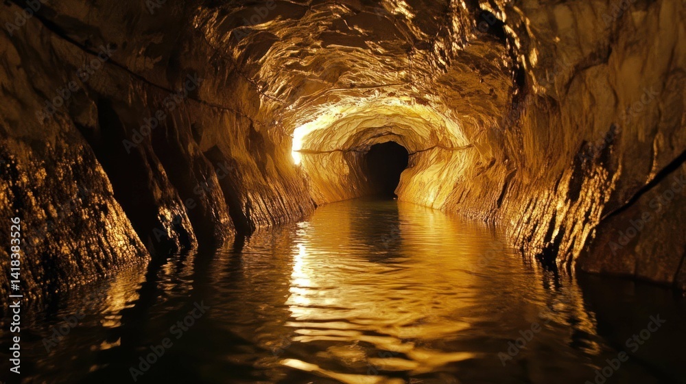 Naklejka premium Mysterious illuminated cave tunnel with water reflection on the walls.