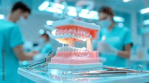 Realistic photo of a molar model illuminated by clinic lights, surrounded by pastel dental instruments, neat composition with no financial cues