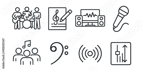 Line style icons of music and sound: band rehearsal, songwriting, music studio icon, singer mic, chorus section, bass clef note, echo sound, dynamic range.