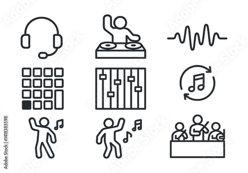 Line style icons of music and sound: headset mic, DJ booth, electronic beat, audio wave line, multitrack session, instrumental loop, dance music, orchestra pit.