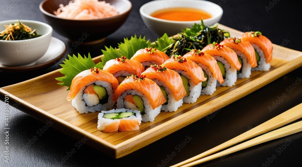Delicious salmon sushi rolls elegantly presented on a bamboo plate with colorful garnish, creating a visually stunning Japanese cuisine display Delicious salmon sushi rolls elegantly presented on a bamboo plate with colorful garnish, creating a visually stunning Japanese cuisine display