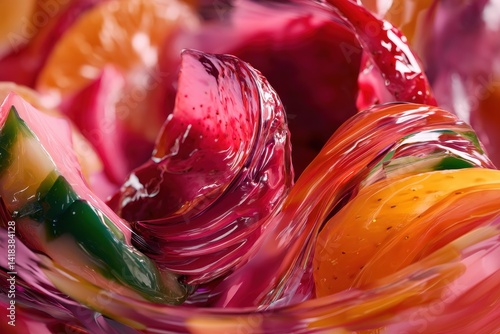Colorful gelatin dessert with layers of varying shades of red, yellow, orange, and green, reflecting light and texture.