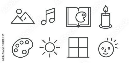 Line vector icons of artistic inspiration: mountain view, music note, art book, candle light, color palette, sunlight beam, window scene, emotional spark.