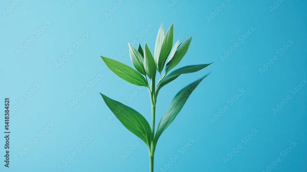 Fototapeta premium A vibrant green plant with long leaves against a serene blue background.