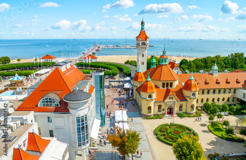 Sunny landscape of the resort town of Sopot and Molo - pier on the Baltic Sea. Poland