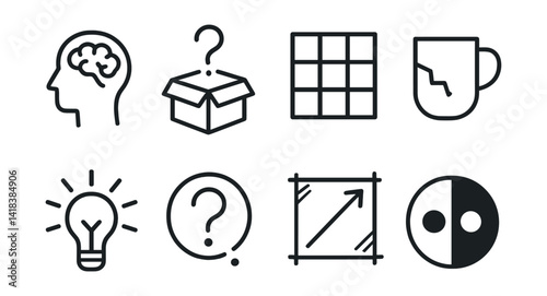Line vector icons of conceptual design: mind icon, problem box, symbol grid, broken object, idea spark, abstract question, concept sketch, contrast icon.