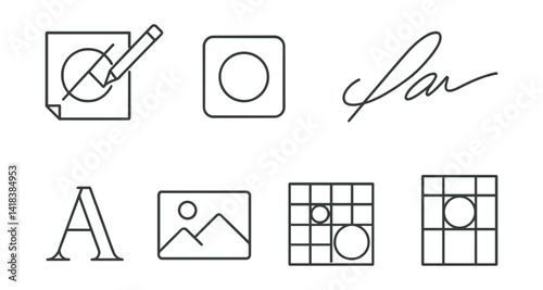 Line vector icons of visual identity: logo sketch, brand icon, signature style, concept board, font choice, image block, icon grid, composition guide.