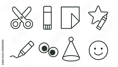 Line vector icons of children’s crafts: safety scissors, glue stick, paper shape, crayon star, coloring line, googly eyes, fun hat, craft smile.