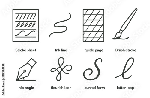 Line vector icons of calligraphy practice: stroke sheet, ink line, guide page, brush stroke, nib angle, flourish icon, curved form, letter loop.
