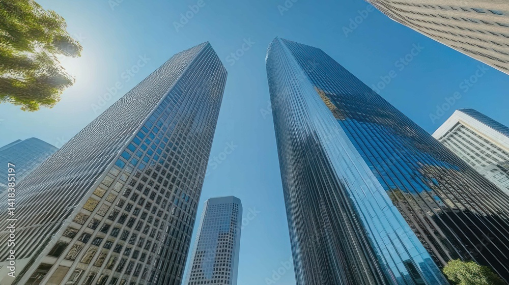 Looking up at modern skyscrapers against a bright blue sky in a city. Looking up at modern skyscrapers against a bright blue sky in a city.