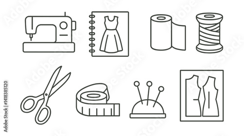 Line vector icons of clothing design elements: sewing machine, sketchbook, fabric roll, thread spool, scissors, measuring tape, pins, pattern sheet.