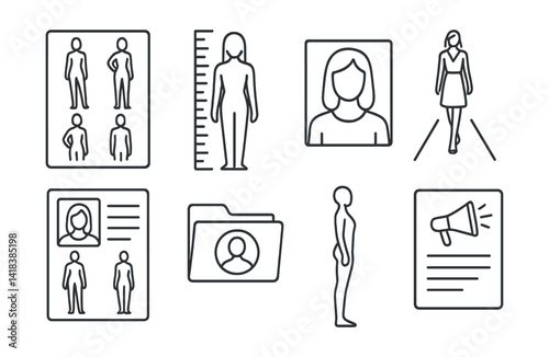 Line vector icons of model portfolio: posing sheet, height marker, headshot, runway shot, comp card, agency file, body profile, casting call.
