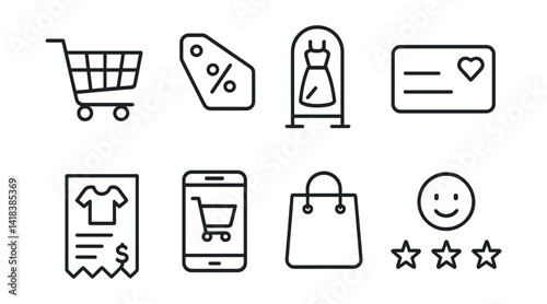 Line vector icons of shopping experience: shopping cart, discount tag, fitting mirror, loyalty card, fashion receipt, mobile order, gift bag, customer review.