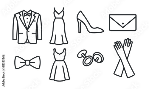 Line vector icons of gender-neutral fashion: oversized hoodie, unisex pants, relaxed shirt, sneakers, bucket hat, crossbody bag, layered tee, joggers.