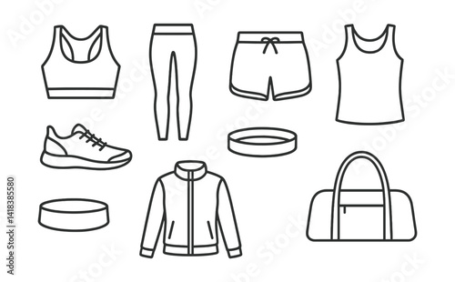 Line vector icons of activewear fashion: sports bra, leggings, gym shorts, tank top, running shoes, headband, fitness jacket, workout bag.