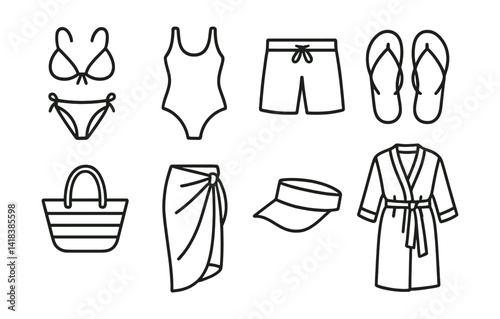 Line vector icons of swimwear and beach style: bikini, one-piece swimsuit, swim trunks, flip flops, beach tote, sarong, sun visor, beach robe.