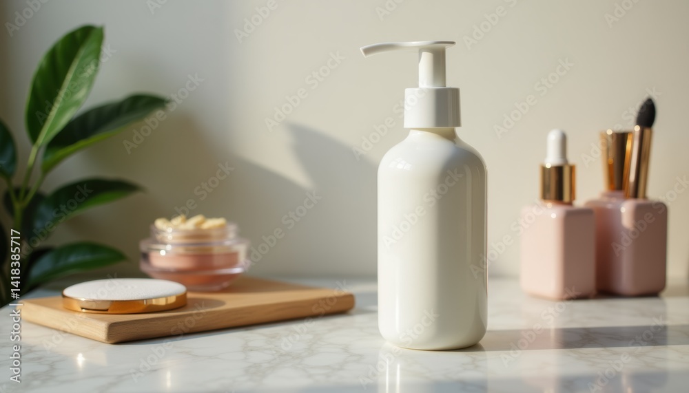 Minimalist white lotion bottle on a marble surface with cosmetics Minimalist white lotion bottle on a marble surface with cosmetics