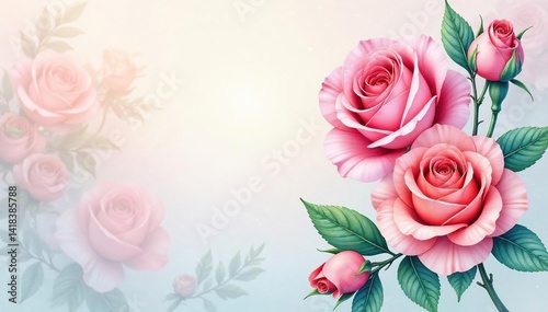 Delicate watercolor roses, swirling leaves, soft pastel hues, romantic, garden, delicate