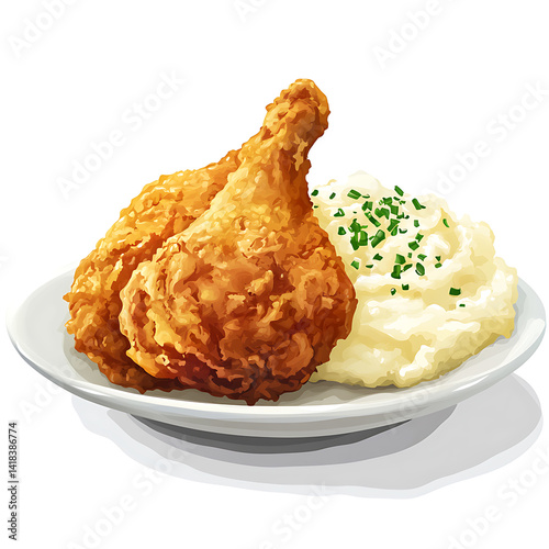 Fried chicken with mashed potatoes, isolated white background, realistic art style
