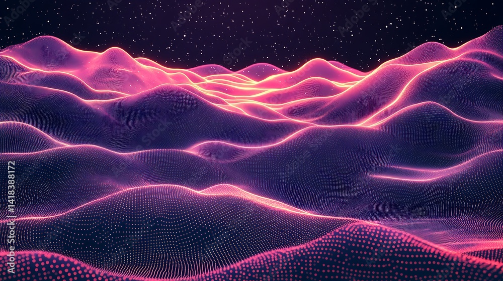 Obraz premium Abstract Digital Wave Landscape, Abstract digital landscape with glowing orange and blue dots forming wave-like patterns on a dark background