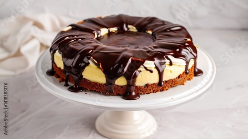 Boston cream pie chocolate glaze and custard filling iconic American dessert on white cake stand