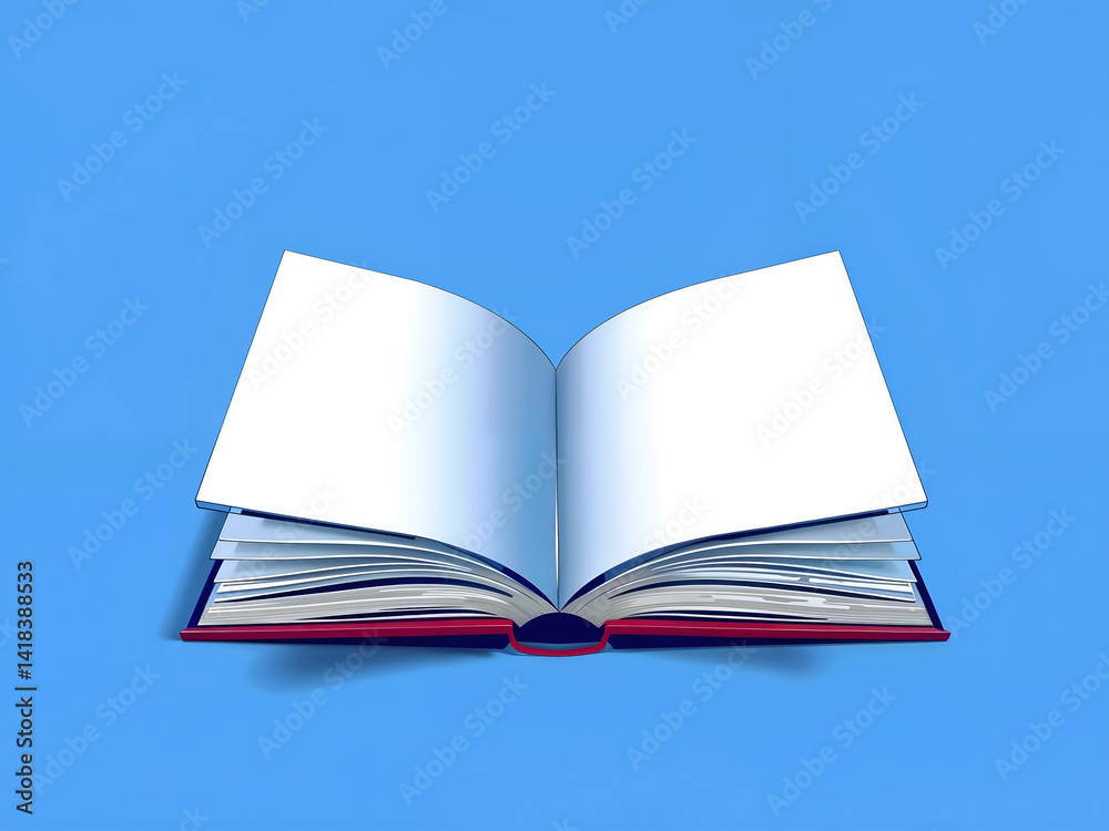 Open book with blank pages on blue gradient background, perfect for education, reading, or knowledge themes. Generative AI