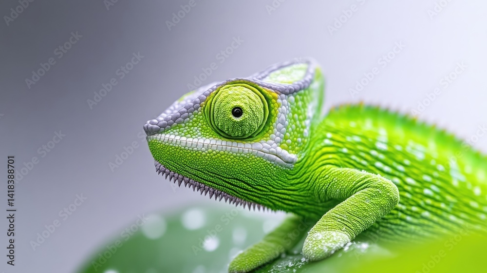 Obraz premium A vibrant green chameleon perched on a leaf, close-up view with detailed texture and vivid colors, and natural wildlife photography.