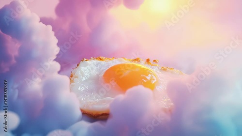 Fried Egg on a Vibrant Colorful Background with Soft Clouds