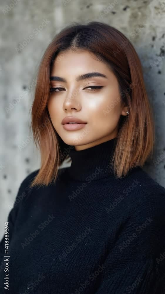 Young attractive woman with perfect makeup, wearing a black turtleneck sweater posing near a textured wall looking at camera Young attractive woman with perfect makeup, wearing a black turtleneck sweater posing near a textured wall looking at camera