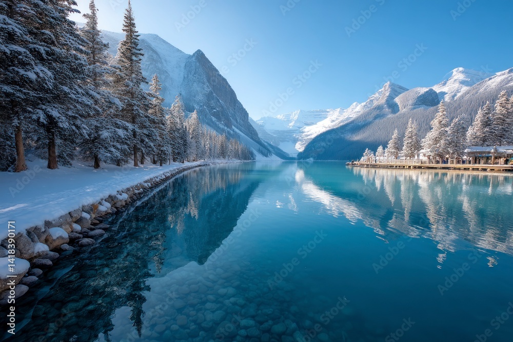 Obraz premium Lake Louise Winter Scenery with Snowy Mountains and Clear Water Reflection