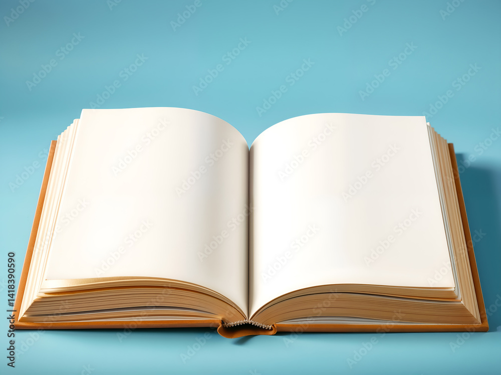 Open book with blank pages on blue gradient background, perfect for education, reading, or knowledge themes. Generative AI