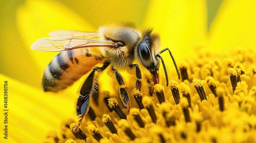 Close-up of a bee collecting pollen from a vibrant yellow sunflower. Close-up of a bee collecting pollen from a vibrant yellow sunflower.