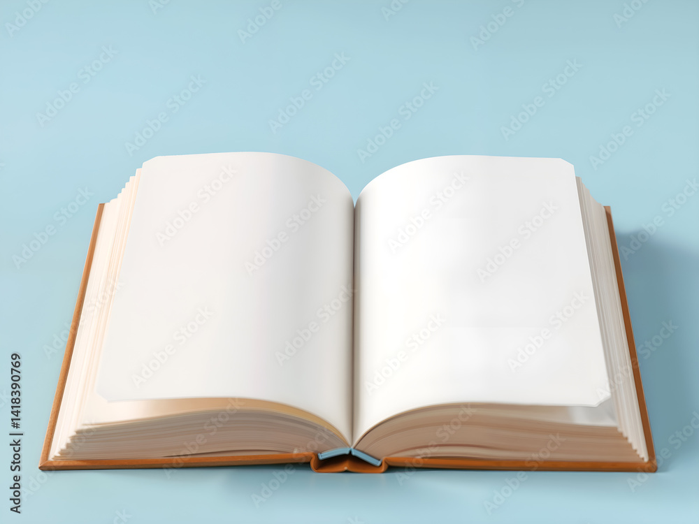 Open book with blank pages on blue gradient background, perfect for education, reading, or knowledge themes. Generative AI