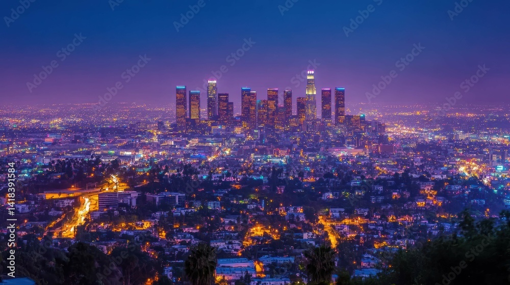 Fototapeta premium Los Angeles skyline at night with buildings illuminated under a colorful sky.