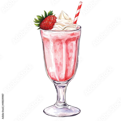 illustration of Chilled Strawberry Milkshake With Whipped Cream, watercolor vector, isolated on a white background.