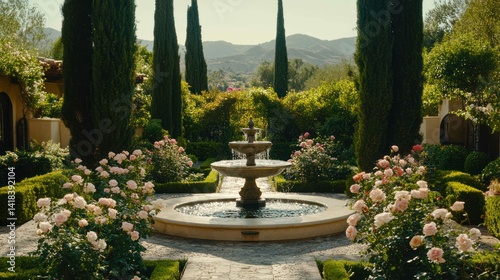 Formal garden with fountain, roses, topiary, and cypress trees. Beautiful.