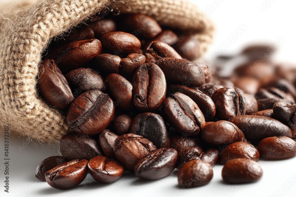 Naklejka premium Close-up of aromatic roasted coffee beans spilling out of a burlap sack, showcasing their rich, dark color and inviting texture against a clean, white background.