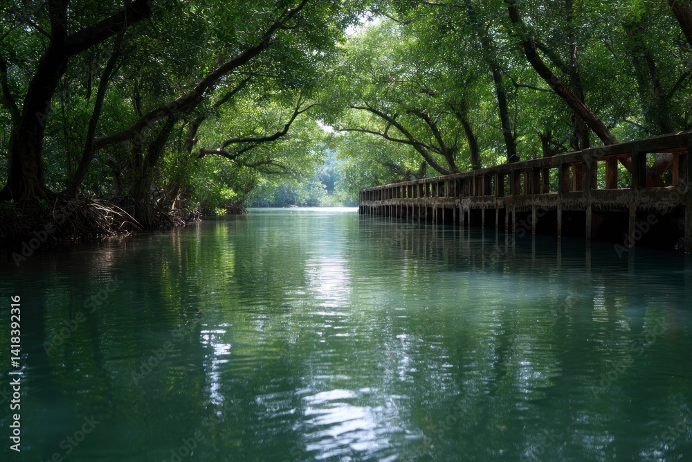 Exploring Tranquil River Scenery with Lush Green Trees and Boardwalk Exploring Tranquil River Scenery with Lush Green Trees and Boardwalk