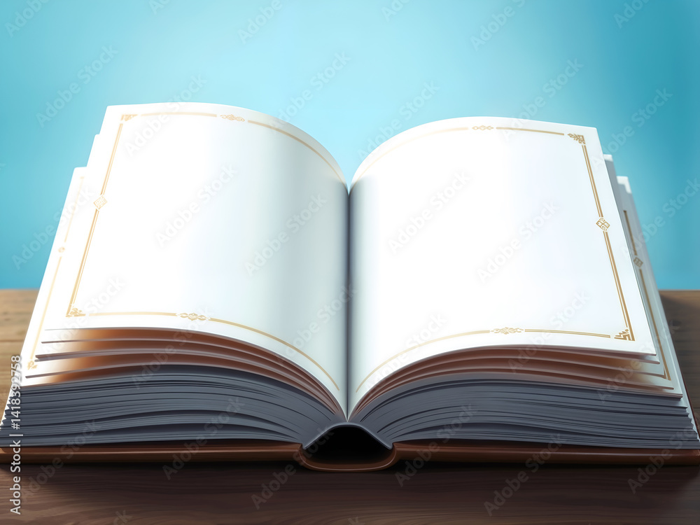 Open hardcover book placed on wooden table with a soft teal background, symbolizing knowledge and learning. Generative AI
