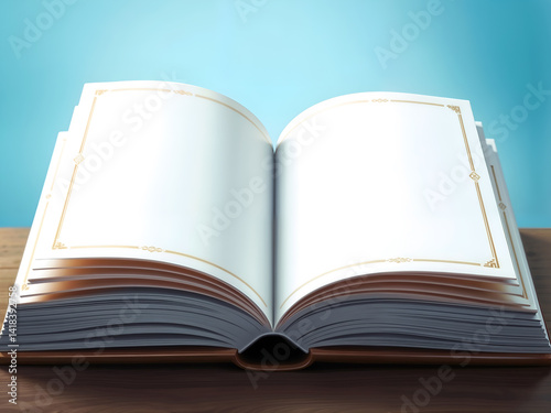 Obraz na płótnie Open hardcover book placed on wooden table with a soft teal background, symbolizing knowledge and learning. Generative AI w salonie